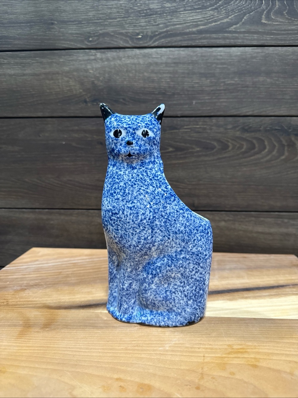 Enesco Blue Sponged Painted Ceramic Cat Figurine Planter with Black Accents